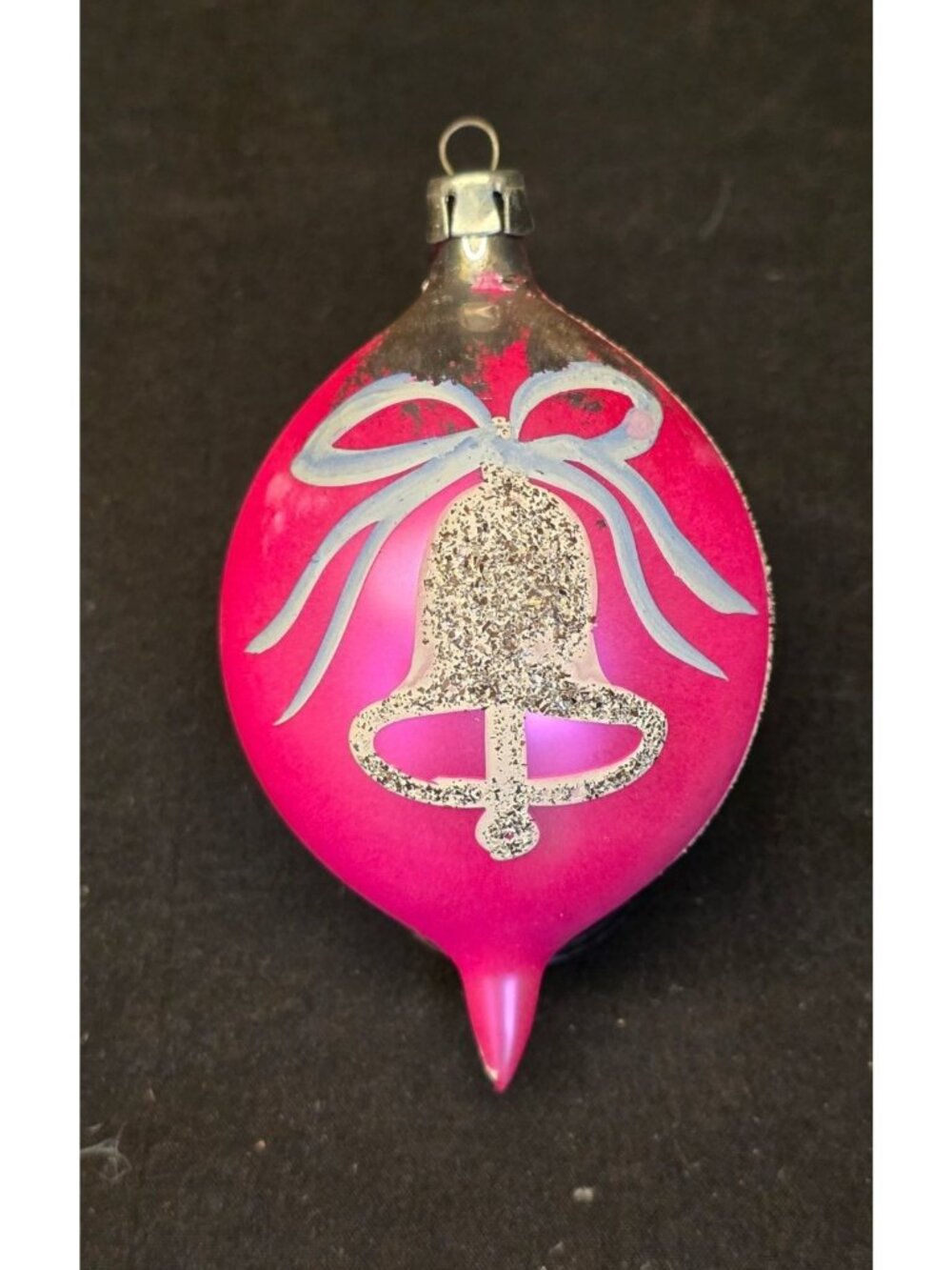 Vintage MCM Pink Hand Painted Pink Mercury Glass Christmas Ornament Bow & Bell